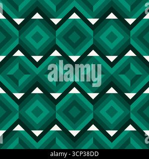 Viridian diamonds, colorful zigzags, diamonds, and optical illusion, seamless geometric vector pattern . Bold abstract design background, fabric, wall Stock Vector