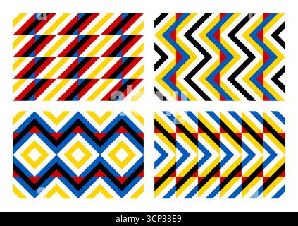 Set of 4 backgrounds, Colorful zigzags, diamonds, and optical illusion, seamless geometric vector pattern . Bold abstract design background, fabric, w Stock Vector