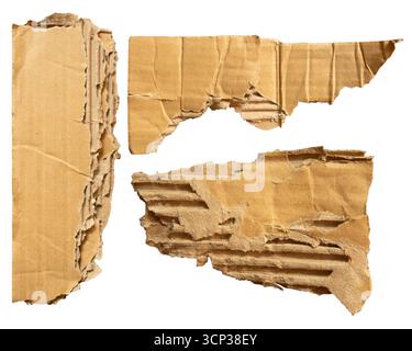 Heavily damaged torn cardboards isolated on white background with clipping path Stock Photo