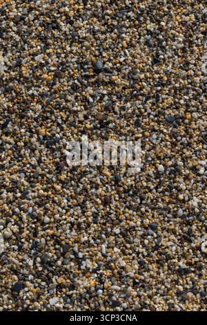 Small beach pebbles are densely arranged, varying in color from light gray to dark brown and black. Stock Photo