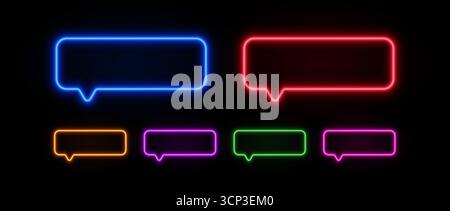 Neon light speech bubble. Talk sign for text. Glowing message icon in chat. Set of vector led elements. Stock Vector