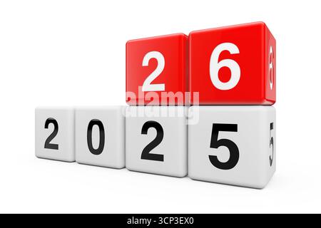 Blocks with the transition from year 2025 to 2026 on a white background. 3d Rendering Stock Photo