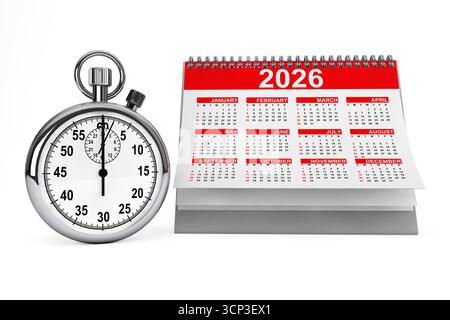 2026 year calendar with stopwatch on a white background. 3d Rendering Stock Photo