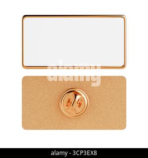 Golden Metal Badge Pin. Blank Square Golden Lapel Pin Mockup With Safety Clasp Front And Back Views On White Background. 3d Rendering Stock Photo