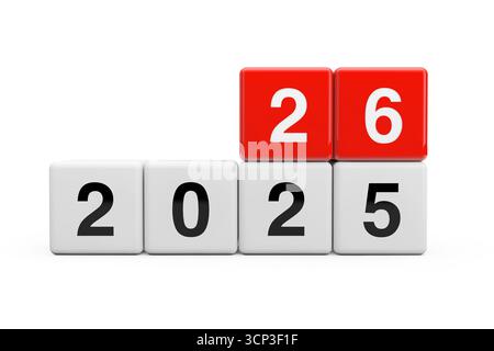 Blocks with the transition from year 2025 to 2026 on a white background. 3d Rendering Stock Photo