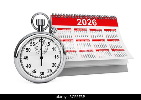 2026 year calendar with stopwatch on a white background. 3d Rendering Stock Photo