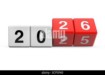 Blocks with the transition from year 2025 to 2026 on a white background. 3d Rendering Stock Photo