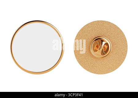 Golden Metal Badge Pin. Blank Circle Silver Lapel Pin Mockup With Safety Clasp Front And Back Views On White Background. 3d Rendering Stock Photo