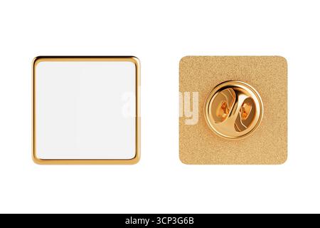 Golden Metal Badge Pin. Blank Square Golden Lapel Pin Mockup With Safety Clasp Front And Back Views On White Background. 3d Rendering Stock Photo