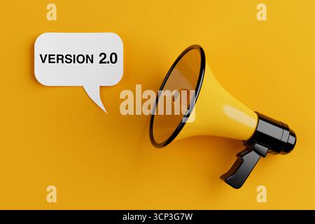 Product Update Concept. Yellow Megaphone With Speech Bubble Showing Version Two On Bright Yellow Background. 3d Rendering Stock Photo