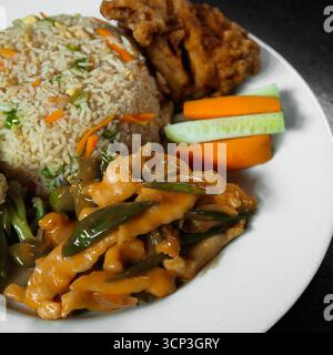 Crispy Fried Chicken with Creamy Cashew Curry, Fried Rice, and Sautéed Vegetables Stock Photo