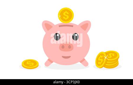 Saving money vector illustration. Cute piggy bank with gold coins Stock Vector