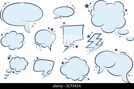 Speech bubbles and shapes with stars. Set of frames for speech, thoughts, and ideas. Soft sky blue comic shapes for text, vector elements Stock Vector