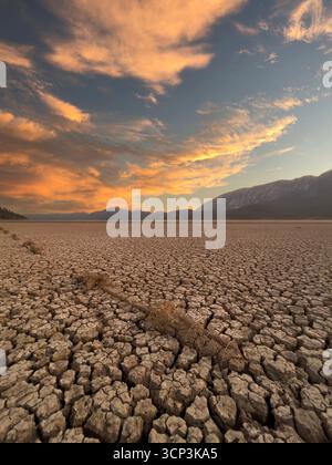 Colorful sunset illuminates cracked lake bed and dramatic dry earth patterns Stock Photo