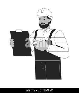 Warehouse supervisor black man with clipboard and pen 2D line character Stock Vector