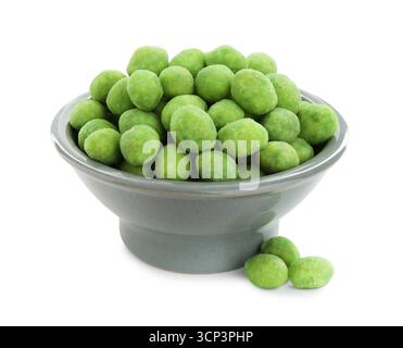 Delicious wasabi coated peanuts in bowl isolated on white Stock Photo