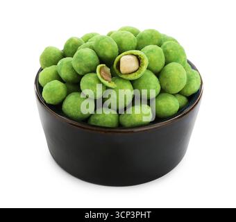 Delicious wasabi coated peanuts in bowl isolated on white Stock Photo