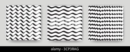Set of square backgrounds with wavy lines. Repeating horizontal ink waves on white background. Abstract templates, vector graphics Stock Vector