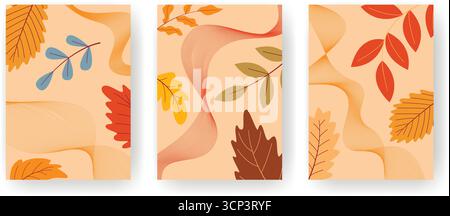 Set of atmospheric autumn templates with falling leaves. Backgrounds for flyers, cards, postcards, invitations, brochures, covers, vector graphics. Stock Vector