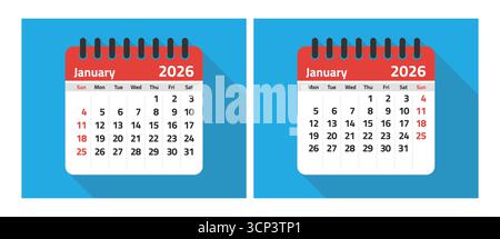 January 2026 calendar templates with Sunday and Monday week starts Stock Vector