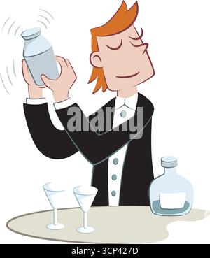 Illustration of a smiling waiter preparing a cocktail. Stock Vector