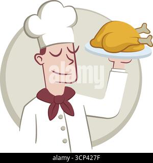 Illustration of a young chef holding a tray with a delicious roasted chicken. Stock Vector