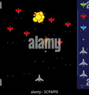 Pixel art space game elements. 8bit starships, asteroids and planets ...