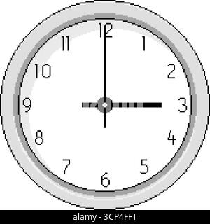 Pixel vector illustration of a round analog wall clock showing three o'clock. Minimal pixel art style. Isolated object with retro design. Stock Vector