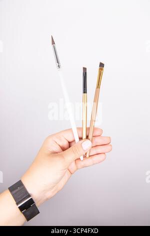 A womans hand holds a set of cosmetic tools, including makeup brushes, eyebrow tinting, and eyelash tinting. Professional cosmetic tools for a beauty Stock Photo