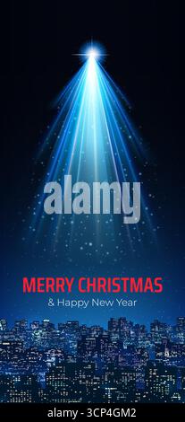 Merry christmas and happy new year greeting card. Bright star, rays like christmas tree over city on night sky background. Christmas and New Year Stock Vector