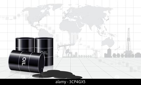 Black barrels, puddle of spilled crude oil, petroleum products. Industrial background. 3D grid, world map. Concept falling prices, crisis, pollution Stock Vector