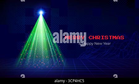Merry christmas and happy new year greeting card. Retro futuristic synthwave poster in style of 80s computer games. Laser Christmas tree, pixel font Stock Vector