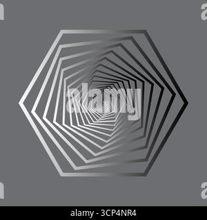 Abstract hexagonal spiral. Geometric optical illusion. Monochrome linear pattern. Vector futuristic design. Stock Vector