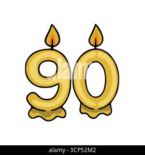 Vector illustration of two golden candles shaped as numbers 90, with realistic flame details, suitable for 90th birthday celebrations. Stock Vector