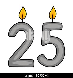 A playful vector illustration of grey number twenty-five birthday candles with vibrant yellow flames, perfect for festive designs and celebrations. Stock Vector