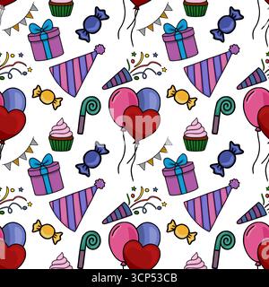 Seamless vector pattern featuring hand-drawn birthday elements colorful balloons, gifts, candies, cupcakes, party hats, and confetti, creating a joyfu Stock Vector