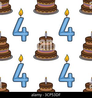 Seamless vector pattern featuring a playful illustration of a two-layered chocolate birthday cake with a lit candle and a number four candle, perfect Stock Vector