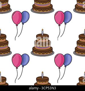 Festive Seamless Vector Pattern Two-Tiered Chocolate Cake with Candle and Pink and Blue Balloons on White Background Stock Vector