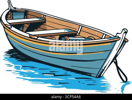 Sea boat and water drawing, hand-sketched nautical illustration of a sailing vessel on ocean waves, detailed marine line art, vector EPS design Stock Vector