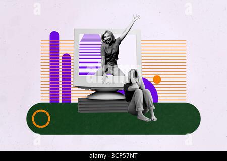 Creative 3D photo collage artwork of device internet online retro technology computer monitor young lady jump smile friends sit down sad Stock Photo