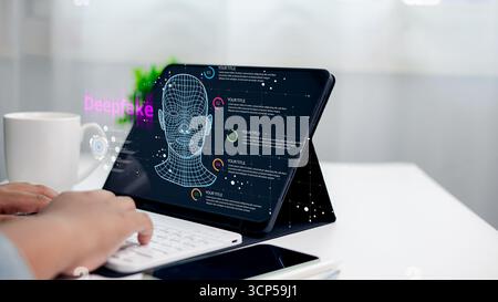 Digital deepfake technology concept on tablet screen with AI face recognition, cybersecurity, and data analysis. Man using laptop for artificial intel Stock Photo