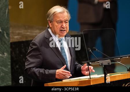 New York, United States. 23rd Sep, 2025. Secretary-General Antonio Guterres speaks during 80th session of United Nations General Assembly at UN Headquarters in New York, NY on September 23, 2025 (Photo by Lev Radin/Pacific Press) Credit: Pacific Press Media Production Corp./Alamy Live News Stock Photo