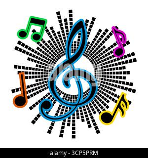 Colorful Music Notes and Treble Clef on Abstract Equalizer Background. Perfect for themes related to music, audio, concerts, parties, festivals. Stock Vector