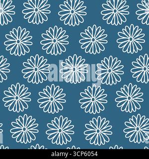 Chamomile, Aster floral seamless pattern. White line Hand drawn Daisy Flower illustration in simple Doodle style on a blue background. For packaging Stock Vector