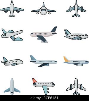 Airplane flying icon set in hand-drawn style illustrations Stock Vector