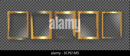 borders or frames in realistic gold texture, grunge photo edge overlays set. Rectangular old rough edges luxury with golden shiny brush strokes Stock Vector