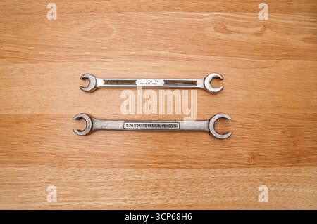 Used Snap-on and Craftsman open-end flare-nut wrenches, showing them for comparison of finish and construction. Stock Photo