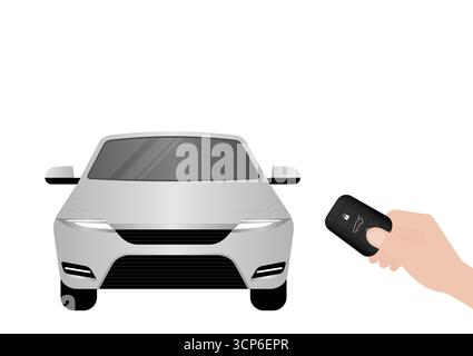 Hand Pressing Car Key Remote Control to Lock or Unlock Car. Car Alarm System. Vector Illustration. Stock Vector