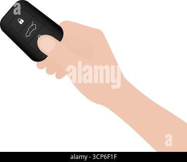 Hand Pressing Car Key Remote Control to Lock or Unlock Car. Car Alarm System. Vector Illustration. Stock Vector