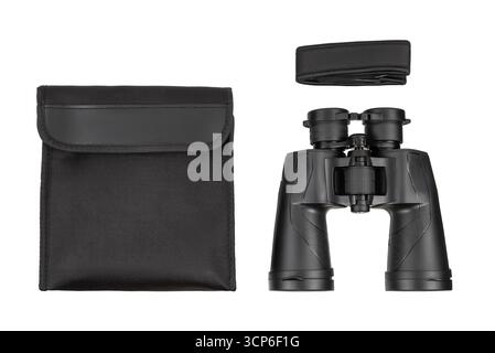 A set of black binoculars, a case, and a strap. Stock Photo